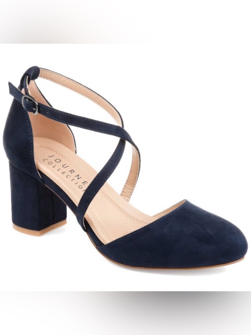 Journee Collection Women’s Foster Navy Suede Ankle Strap Block Heels - Picture 10 of 10